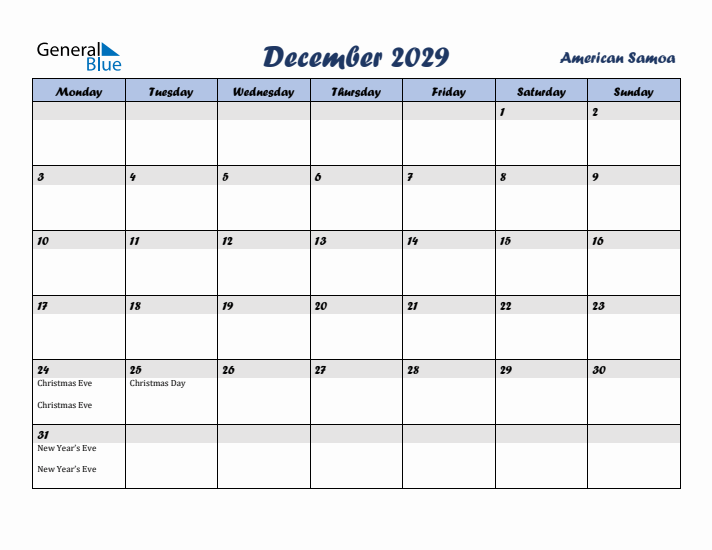 December 2029 Calendar with Holidays in American Samoa