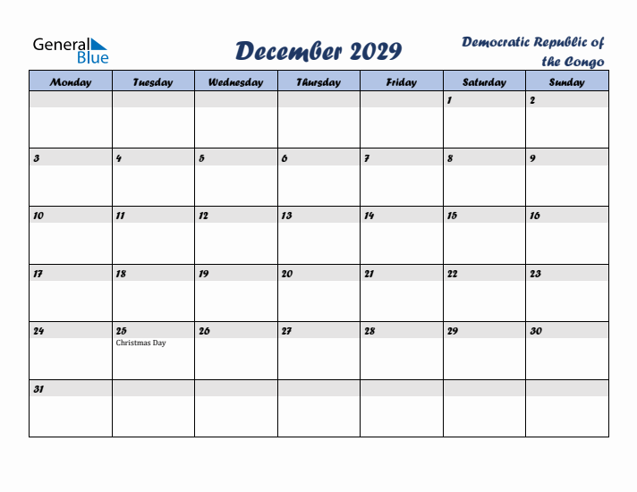 December 2029 Calendar with Holidays in Democratic Republic of the Congo