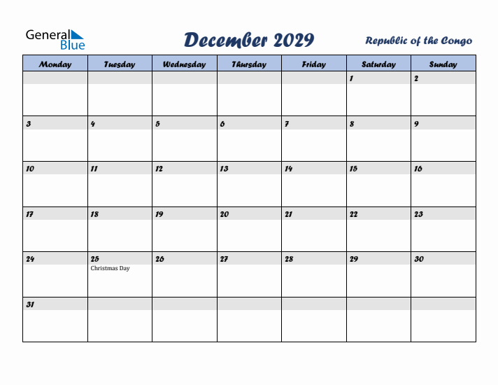 December 2029 Calendar with Holidays in Republic of the Congo