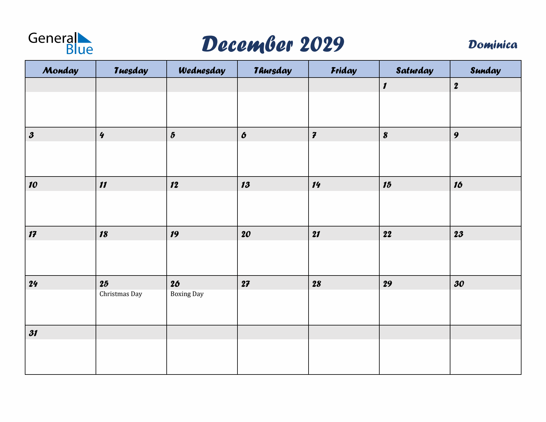 December 2029 Calendar with Holidays in Dominica