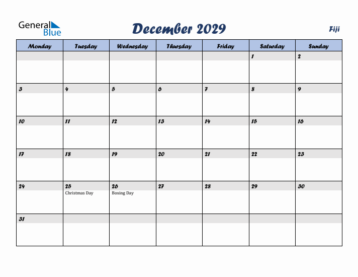 December 2029 Calendar with Holidays in Fiji