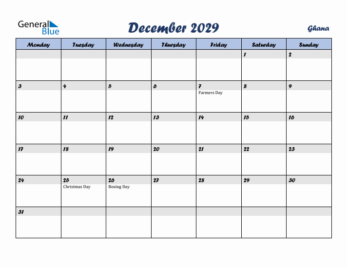 December 2029 Calendar with Holidays in Ghana