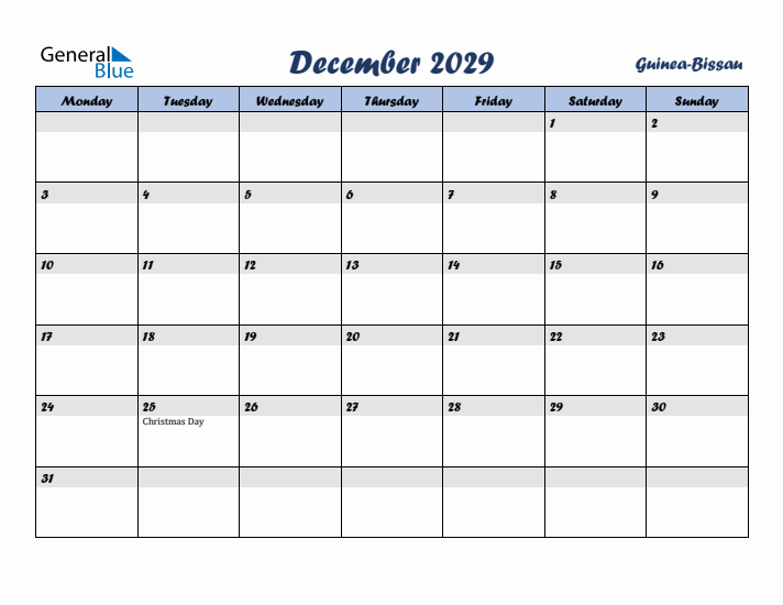 December 2029 Calendar with Holidays in Guinea-Bissau