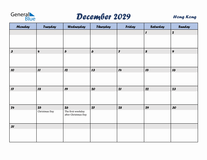 December 2029 Calendar with Holidays in Hong Kong