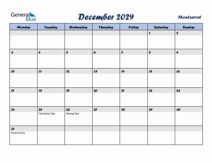 December 2029 Calendar with Holidays in Montserrat