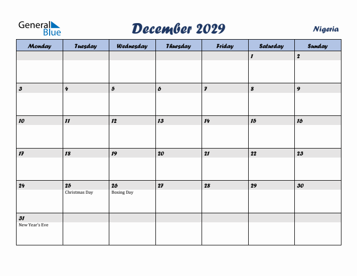 December 2029 Calendar with Holidays in Nigeria