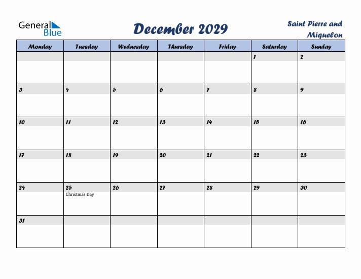 December 2029 Calendar with Holidays in Saint Pierre and Miquelon