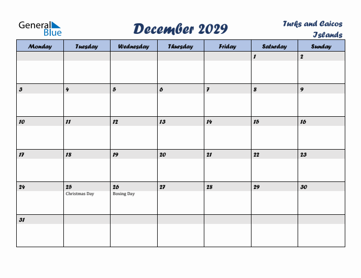 December 2029 Calendar with Holidays in Turks and Caicos Islands