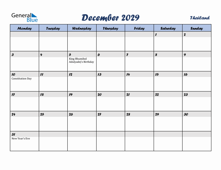 December 2029 Calendar with Holidays in Thailand
