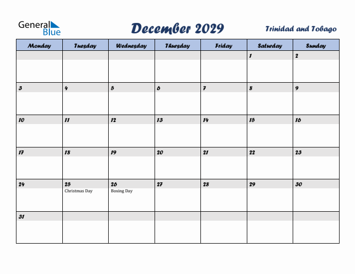 December 2029 Calendar with Holidays in Trinidad and Tobago