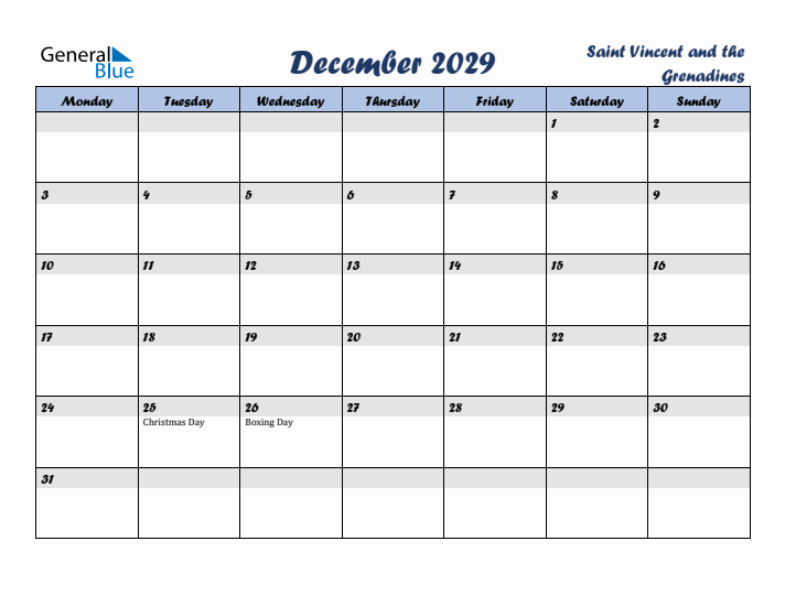 December 2029 Calendar with Holidays in Saint Vincent and the Grenadines