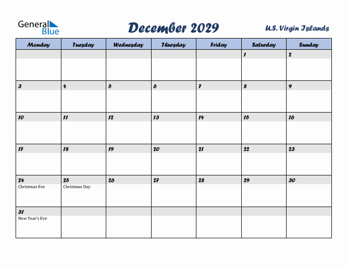 December 2029 Calendar with Holidays in U.S. Virgin Islands