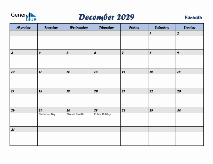 December 2029 Calendar with Holidays in Vanuatu