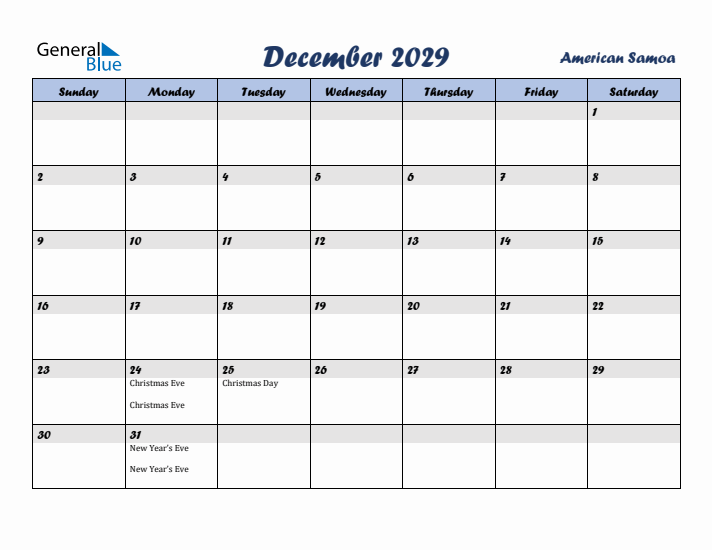 December 2029 Calendar with Holidays in American Samoa