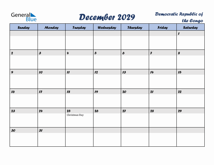 December 2029 Calendar with Holidays in Democratic Republic of the Congo