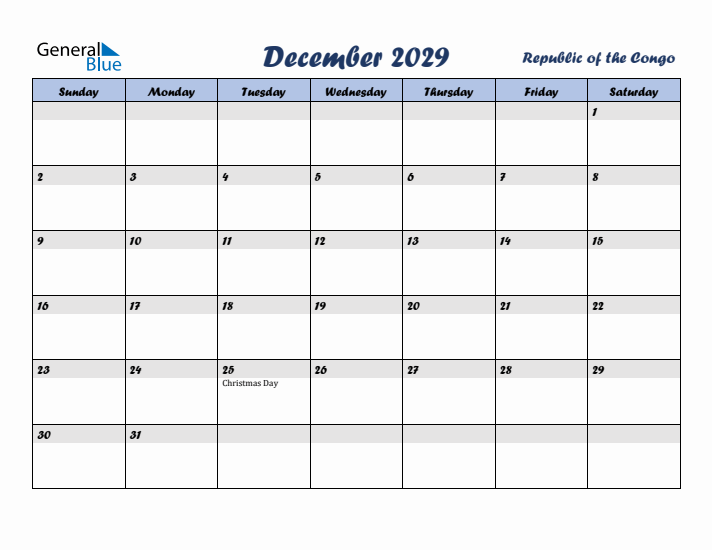 December 2029 Calendar with Holidays in Republic of the Congo