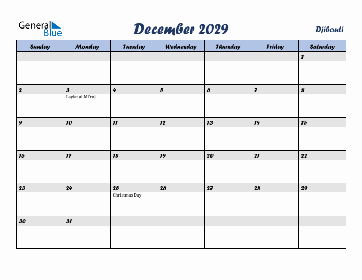 December 2029 Calendar with Holidays in Djibouti