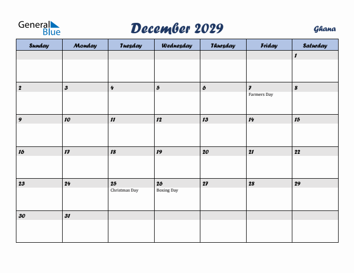 December 2029 Calendar with Holidays in Ghana