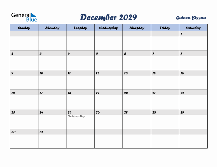 December 2029 Calendar with Holidays in Guinea-Bissau