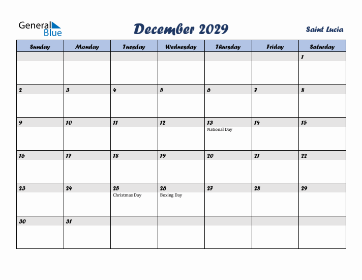 December 2029 Calendar with Holidays in Saint Lucia