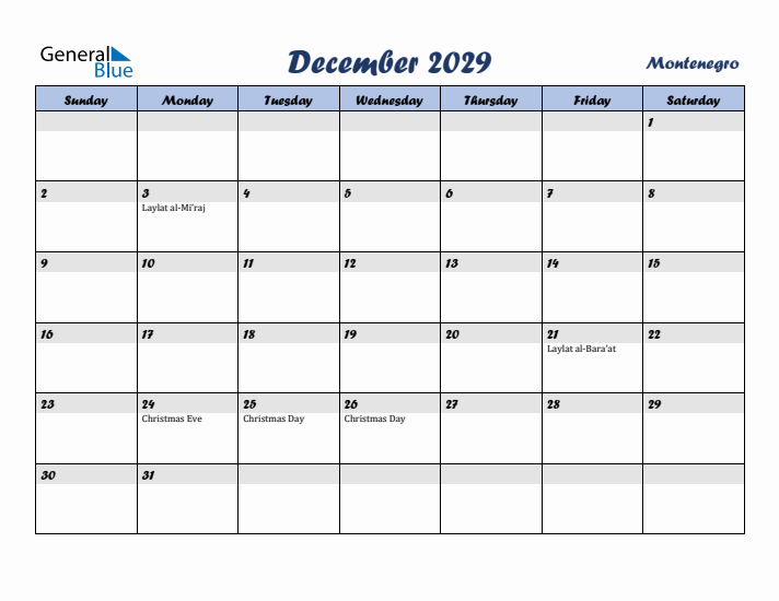 December 2029 Calendar with Holidays in Montenegro