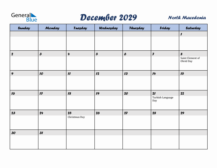 December 2029 Calendar with Holidays in North Macedonia