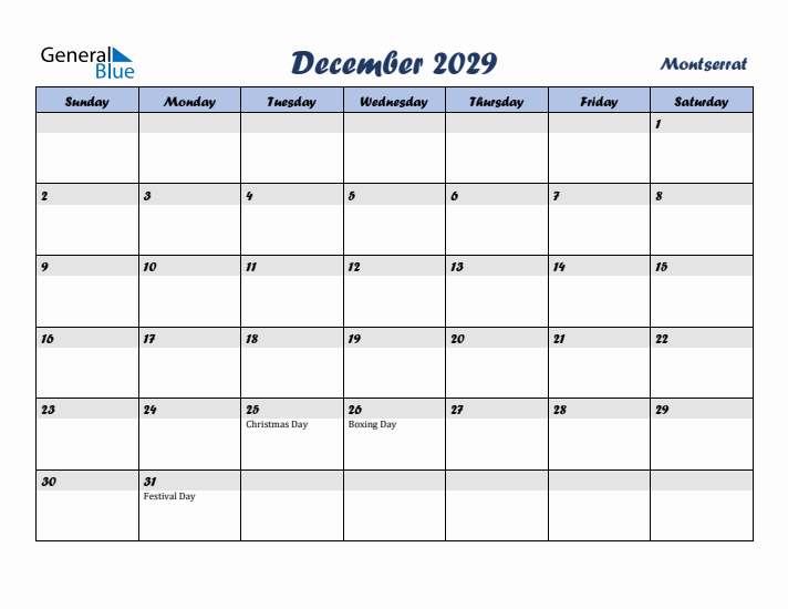 December 2029 Calendar with Holidays in Montserrat