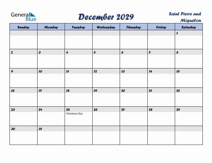 December 2029 Calendar with Holidays in Saint Pierre and Miquelon