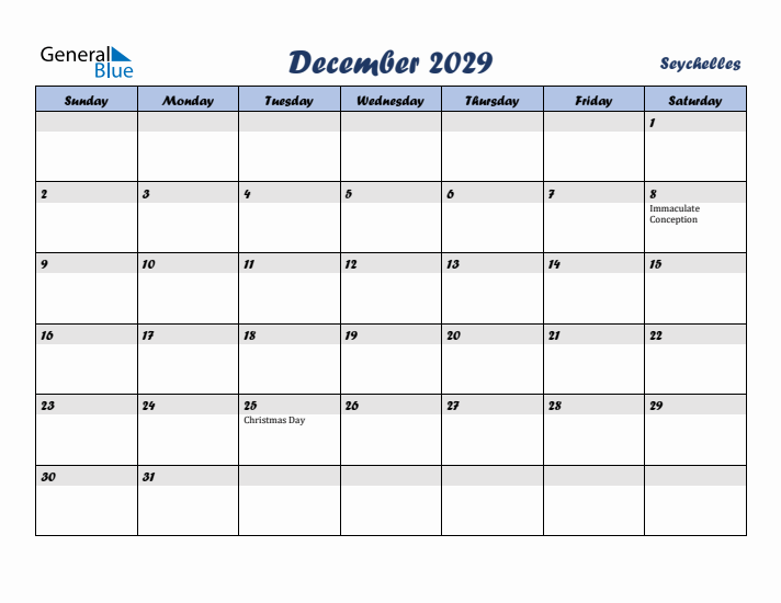 December 2029 Calendar with Holidays in Seychelles