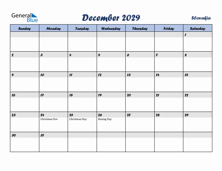 December 2029 Calendar with Holidays in Slovakia