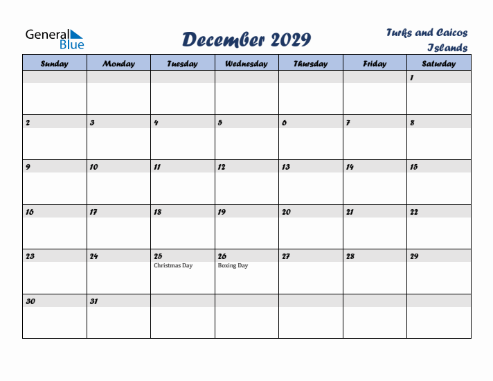 December 2029 Calendar with Holidays in Turks and Caicos Islands