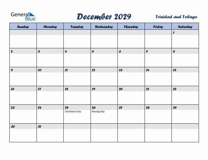 December 2029 Calendar with Holidays in Trinidad and Tobago
