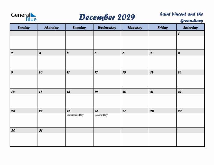 December 2029 Calendar with Holidays in Saint Vincent and the Grenadines