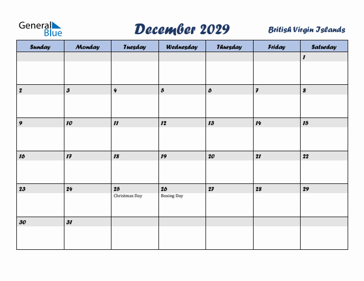 December 2029 Calendar with Holidays in British Virgin Islands