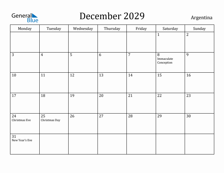 December 2029 Calendar Argentina
