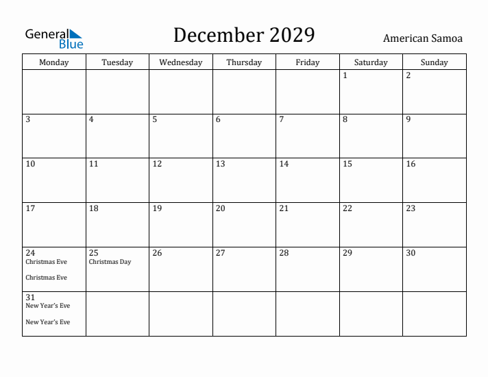 December 2029 Calendar American Samoa