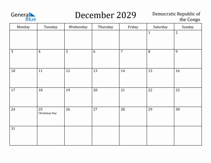 December 2029 Calendar Democratic Republic of the Congo