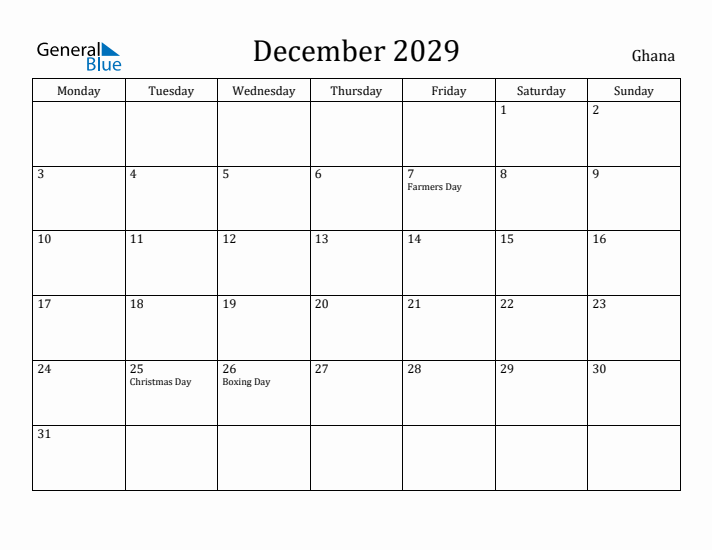 December 2029 Calendar Ghana