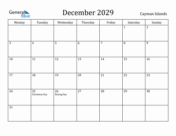 December 2029 Calendar Cayman Islands