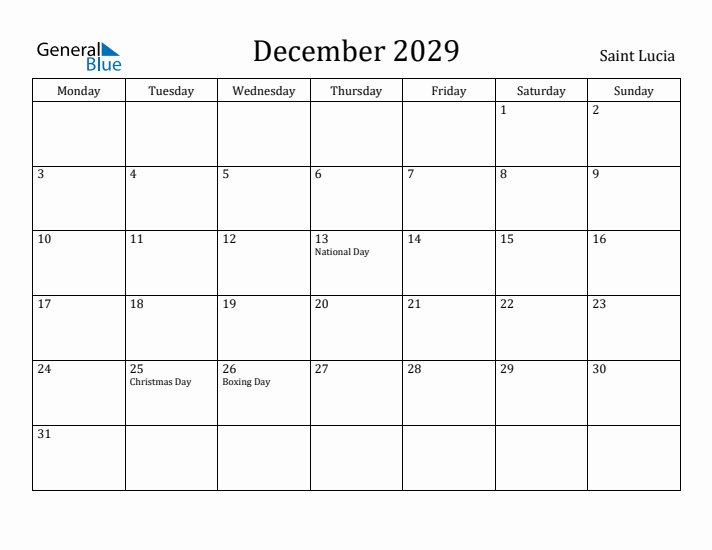 December 2029 Calendar Saint Lucia