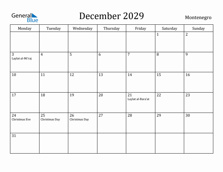 December 2029 Calendar Montenegro