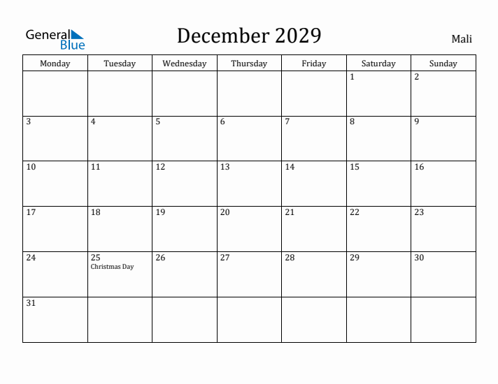 December 2029 Calendar Mali
