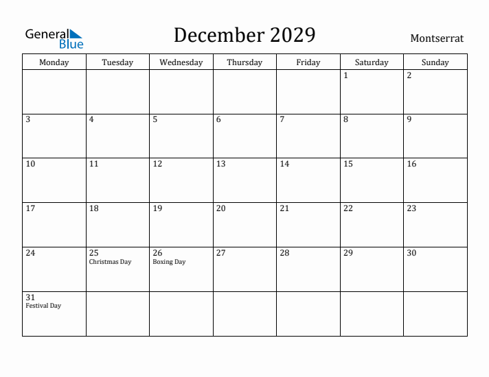 December 2029 Calendar Montserrat