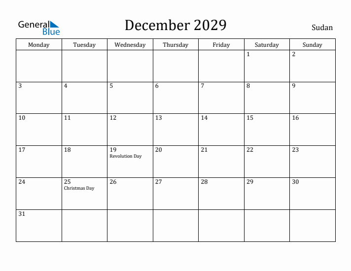 December 2029 Calendar Sudan