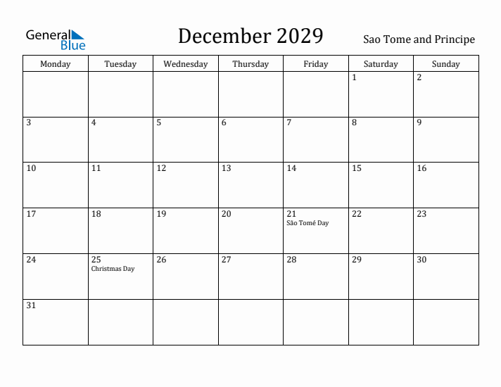 December 2029 Calendar Sao Tome and Principe