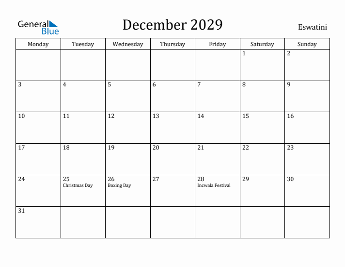 December 2029 Calendar Eswatini