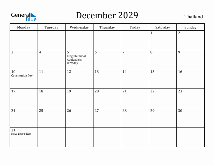 December 2029 Calendar Thailand