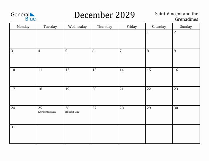 December 2029 Calendar Saint Vincent and the Grenadines