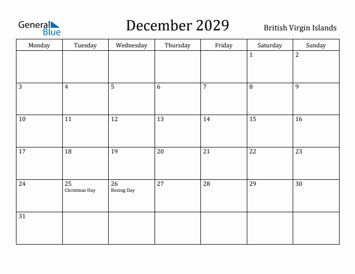 December 2029 Calendar British Virgin Islands