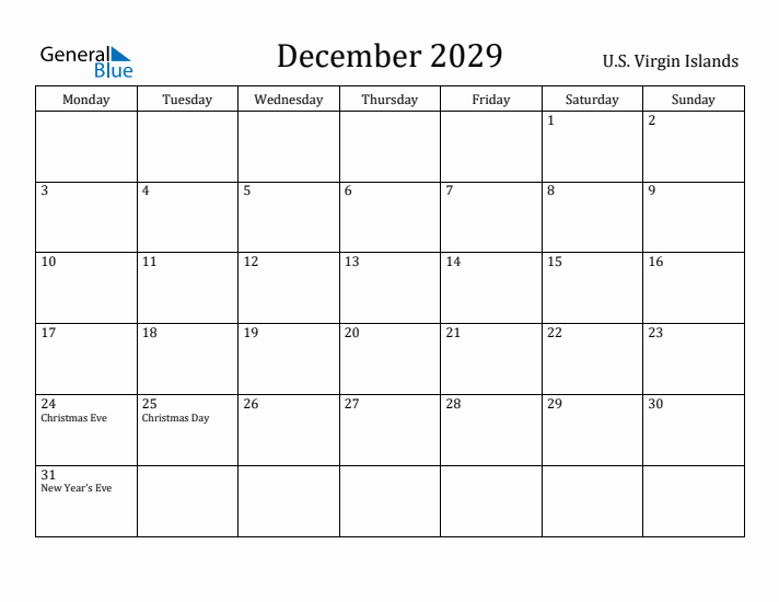 December 2029 Calendar U.S. Virgin Islands